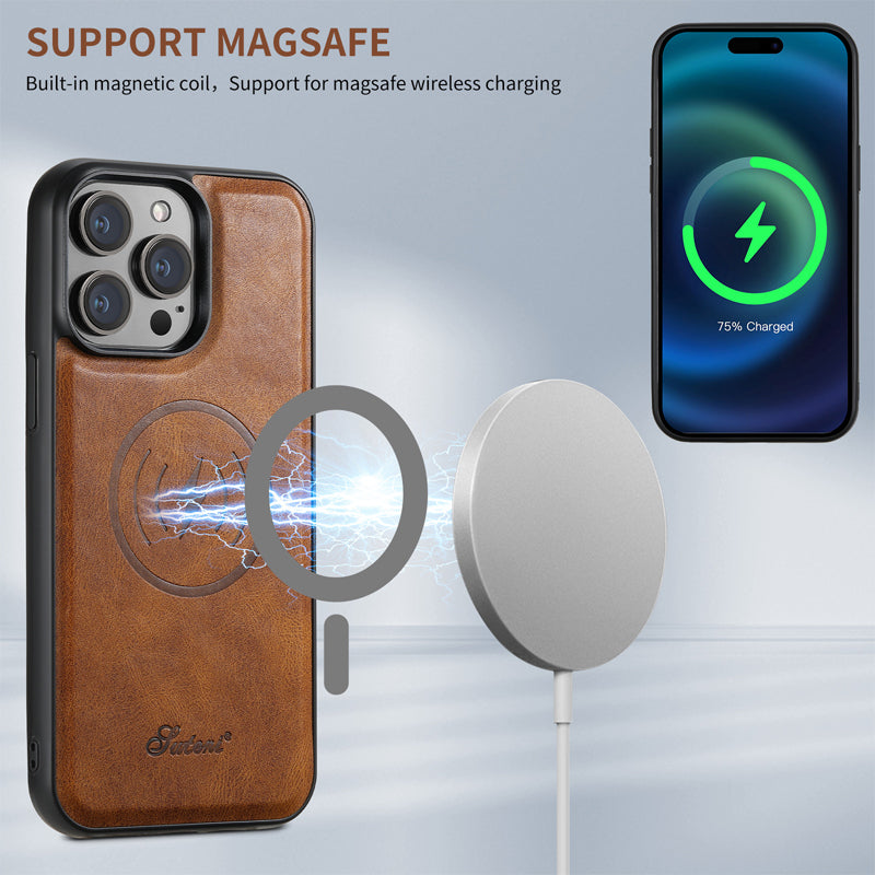 Leather Card Holder Phone Case: Magnetic Stand, Wireless Charging (MagSafe Compatible)