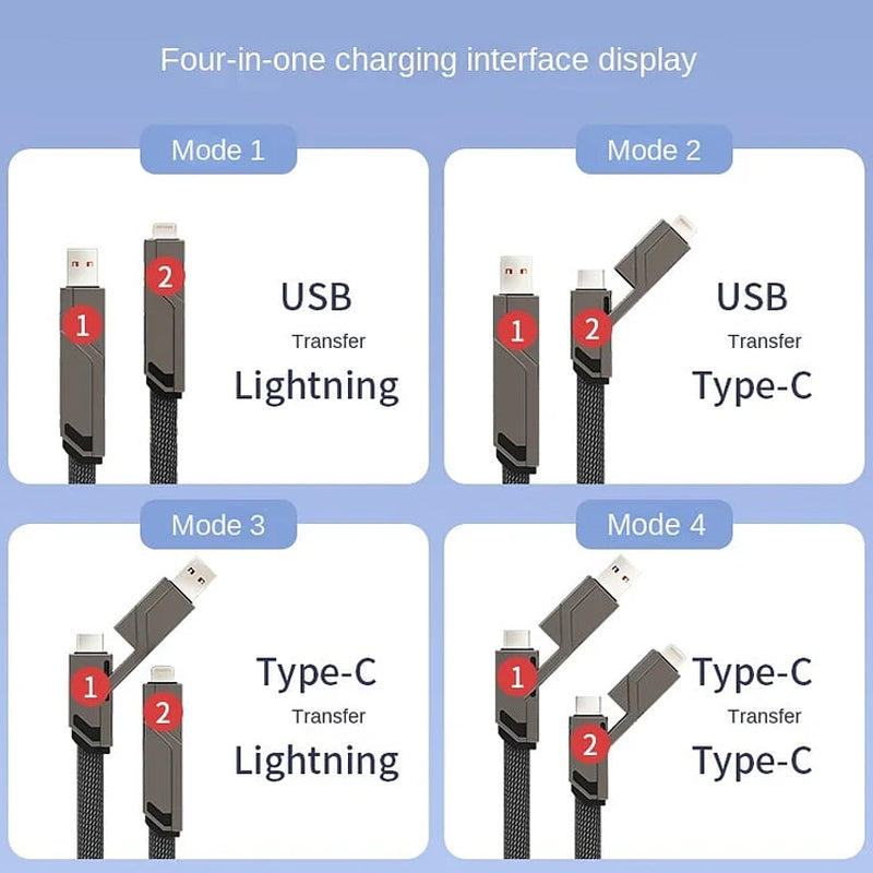 4-in-1  Flat Braided Anti-Tangle Charger Cord with Velcro