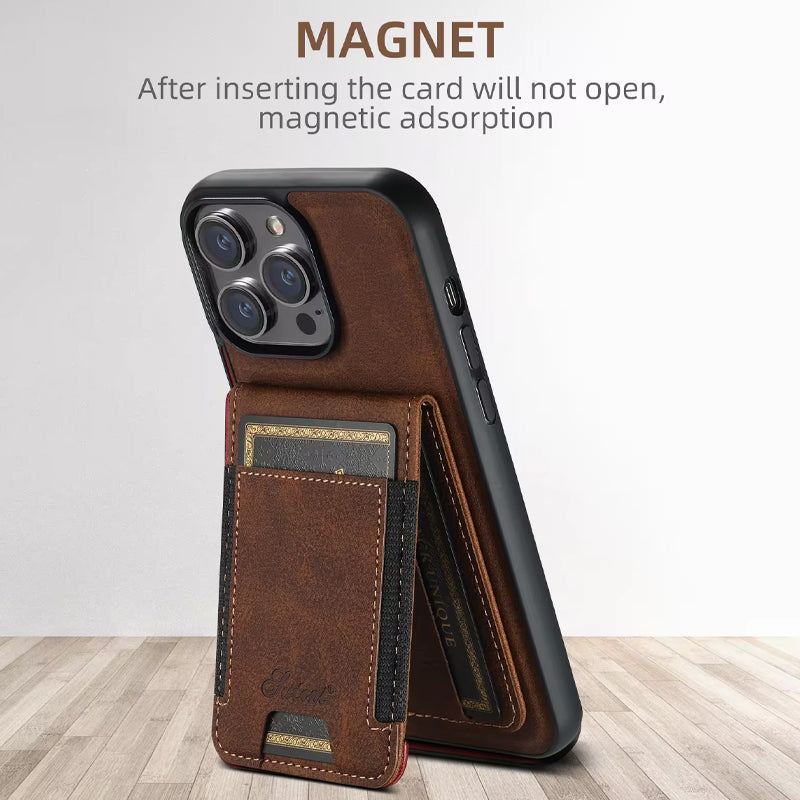 Leather Card Holder Phone Case: Magnetic Stand, Wireless Charging (MagSafe Compatible)