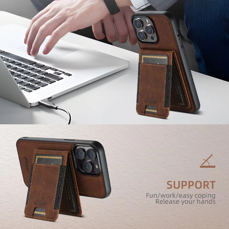 Leather Card Holder Phone Case: Magnetic Stand, Wireless Charging (MagSafe Compatible)